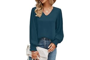 Odosalii Womens Tops Pleated Lantern Sleeve V-Neck Shirts Elegant Solid Color Loose Fit Casual Chiffon Blouse