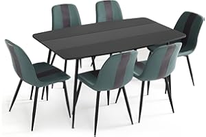 ‎MEERVEIL Mondeer Dining Set Modern Dining Table and Upholstered Chair 6 with Metal Legs for Dining Room Kitchen Living Room W 150 x H 76.5 x D 85 cm Black