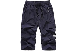 MakingDa 3/4 Length Shorts Men Below Knee Cargo Three Quarter Long Shorts with Zip Pocket Cropped Trousers