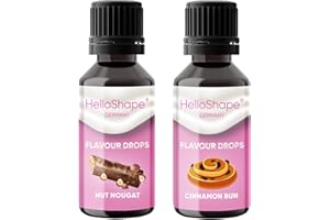HELLOSHAPE Flavour Drops Lot de 2 flacons de 30 ml - Nougat aux noix & brioche à la cannelle/Gouttes de goût sans calories pour sucré avec doseur/Végétalien/Pour yaourt naturel ou Porridge - Hello Shape