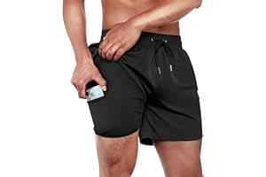 ineepor Men's Compression 2-in-1 Swimming Trunks with Inner Shorts, Board Shorts, Zip Pocket, XXS–5XL
