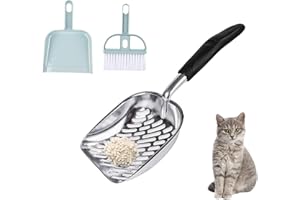 HFYMXNB Pala Arenero Gato De Metal，Pala para Arena para Gatos, Pala para Arena para Gatos Set, 34.5 * 13 cm, Gris con Juego de Escobas de Plástico