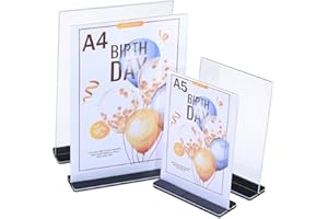 JSYSJ 2 Piezas Soporte Cartel A5 de Acrílico, 2 Piezas Soporte Cartel A4, Transparente Expositor Metacrilato A5 Soporte, Forma de T con Base, Soporte Letreros, Porta Carteles A4