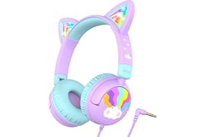 iClever Casque Audio Enfant, d'oreilles de Chat avec Éclairage LED, Volume Limité 85dba, Son Stéréo, Casque d'Écoute pour Enfants Pliable avec Fil 3.5 mm, pour ipad, Tablettes, Voyages, l'École
