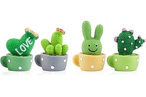 Bkemkri 4 Pièces Mini Cactus Decoration, Mini Figurine de Cactus en Résine, Décoration Tableau de Bord de Voiture, Mini Ornement de Table, Ornement Plante en Pot, pour Voiture Maison Bureau Cadeaux