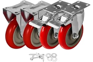 FACTORDUTY 4 Pack 5" Caster Wheels Swivel 360 Degree 2 with Brake Swivel and 2 Rigid Non Swivel Fixed Stationery Combo On Red Polyurethane Wheels with Hardware
