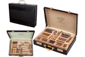 DÜSSELDORF Juego De Cubiertos, Juego De 84 Piezas, Chapado En Oro, Con Maletín De Cuero, Bloqueo Por Código, Lujo Para Tu Mesa