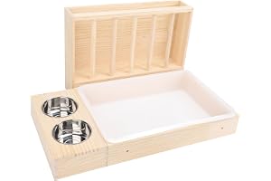 3 i 1 Kaninhömatare med Kattlåda, 2 Skålar i Rostfritt Stål, Träsäker för Chinchillor för Marsvin Chinchillor Hamster Dvärgka