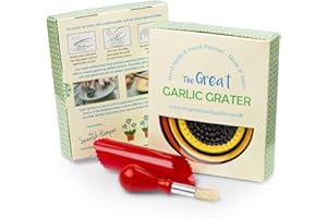 THE GREAT GARLIC GRATER Garlic Grater Plate Set with Brush and Peeler, (#Ref 18). Black Plate with Red, Orange and Yellow Circles. Handmade and Hand Painted in Cordoba, Spain,