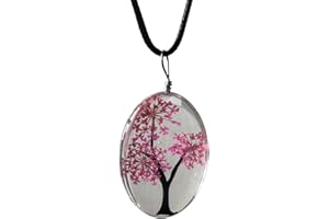 ZEN&TAO Oval Transparent Dried Flowers Pendant Women Necklace with Black Cord Chain Gift for All Occassions