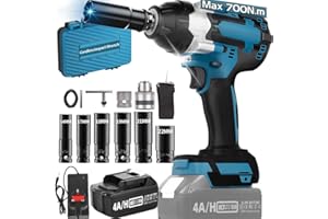 AUMIN Cordless Impact Wrench 700Nm 1/2 Inch With 4.0A/h Battery,2500 RPM Brushless motor Impact driver, Adjustable Torque and speed, Fast Charger, Night Work LED Light, 6 Sockets