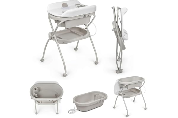 MS BabyWorld Bubble + Réducteur – Baignoire ergonomique pour bébé avec pieds et matelas à langer imperméable et rembourré | Fermeture compacte, organiseur, 4 roulettes avec freins (Gris)