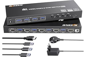 Camgeet KVM Switch 4 PC 1 Monitor HDMI Simulazione EDID, 4K@60Hz, USB 3.0 KVM Switch HDMI 4 porte per 4 parti del PC, 1 monitor e 4 dispositivi USB 3.0, con cavo remoto, 5 cavi e alimentatore da 12 V