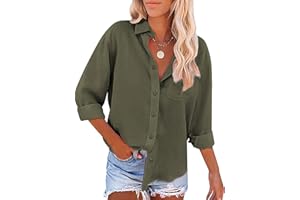 Friptspyg Blusa de Mujer con Cuello en V y Manga Larga 100% Algodón Casual con Bolsillo Suelta y Versátil para Verano
