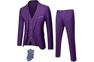 YND Traje de 3 piezas de ajuste delgado para hombre, un botón sólido chaqueta chaleco pantalones con corbata