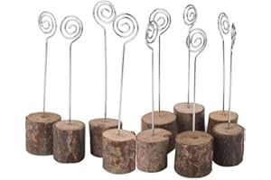 BSTMOME 10 PCS Wooden Memo Clips Holder, Rustic Real Wood Base Wedding Table Name Number Holder Party Decoration Card Holders Picture Memo Note Photo Clip Holder (Round Base)