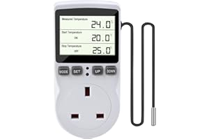 Digital Thermostat Plug, CJBIN LCD Thermostat Temperature Controller Socket Outlet 230V with 1.8m Sensor Probe, Heating Cooling Thermostat Controller for Greenhouse Reptile Terrarium Aquarium