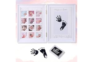 LEcylankEr Baby Handabdruck und Fußabdruck Fotoalbum Baby Bilderrahmen Erstes Jahr Jubiläum Wachstumsrekord Babygeschenke,Faltbar Zweifach Verwendbarer Fotorahmen mit Auffüllbares Stempelkissen (Weiß)