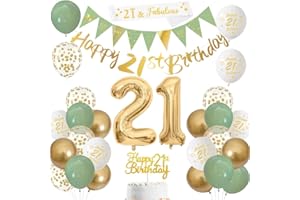 YONTREE 21st Birthday Decorations,Sage Green Gold White 21st Birthday Banners Balloons Cake Topper Sash Bunting Flags Number Helium Balloons for Boys Girls 21st Party Deco