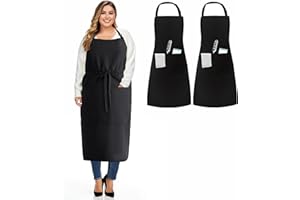 umboom 2 Pack Plus Size Apron with 3 Pockets, Large Kitchen Cooking Apron, Adjustable Grilling Apron for Men Women, Big Work Apron for Restaurant, Shop, Bistro, Bar, Café, Garden (Black)