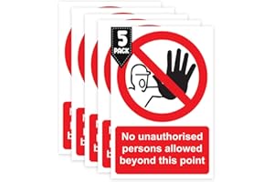 RDLCAR No Unauthorised Person Beyond This Point Sign Rigid PVC Pack of 5 Safety Warning Sign Off Limits Easy Installation 200mm x 300mm