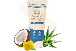 Crème Solaire Minérale Naturelle Sport SPF 50 Suntribe - 100 ml, Bio - 100% Naturelle & Sans Danger pour les Récifs, Filtres UV Non-Nano Minéraux, Très Résistant à l'Eau & Sueur - Blanc brilliant