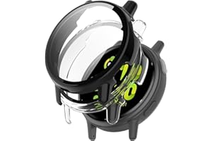 KZIOACSH Case with Screen Protector for Garmin Vivoactive 5, 2 Pack Ultra Slim Full Coverage Hard PC Proctective Case Lightweight Shockproof Anti-Scratch Bumper Cover with Tempered Glass, Clear+Black