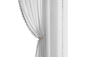 TREATMENTEX Pom Pom Sheer Grey Curtains for Living Room 52 x 72 Inch Girls Bedroom Pencil Pleat Light Filtering Semi Sheer Voile Curtains Cute Boho Linen Textured Curtain Drapes for Kids Nursery, 52" W 1 Pair