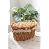 Digithome Kapaklı Rattan Vintage Dantelli Oval Piknik Sepeti -9T13 U/5