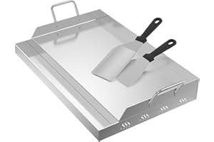 HENGMEI Piastra per barbecue con manici in acciaio inox, universale, per barbecue a carbone e a gas, per una distribuzione uniforme del calore, ciotola con spatola inclusa (47 x 32 cm)