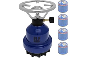 ELFMONKEY Hornillo de camping E190 | Set de cocina de gas de metal y cartucho de gas de Stechgas | estufa de gas | camping, accesorios de emergencia: modelo: azul + 4 cartuchos de gas