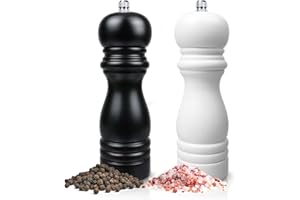 BOCHION Macina Sale e Pepe Manuale, Macinapepe e Macinasale in Legno, Macinino per Spezie con Macina in Ceramica Regolabile da Fine a Grossolano, 2 Pezzi, Nero + Bianco (16.5cm)
