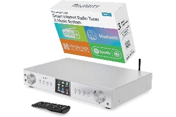 Radio Internet Dab FM WiFi Bluetooth |Tuner Dab pour Chaine HiFi avec Spotify Connect | Tuner HiFi avec Plus de 90 présélections, écran LED Couleur | USB, AUX, RCA | Majority Fitzwilliam 2024 (Argent)