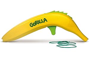 NEUE FREUNDE Gorilla Pistolet à bande élastique amusant en forme de banane, sans danger pour les enfants : tire avec des anneaux en caoutchouc légers, avec cible et chargeur à dents pour 4 élastiques, pistolet