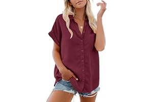 Glacspyg Women's Casual Short Sleeved Summer 100% Cotton V-Neck Solid Color Elegant Blouses with Pockets