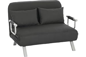 HOMCOM 2 Seater Sofa Bed, Click Clack Convertible Bed Settee, Modern Faux Suede Upholstered Sofa with 2 Pillows for Living Room, Guest Room, Charcoal Grey