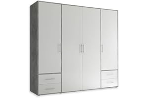 STELLA TRADING VALENCIA, Armadio effetto cemento, bianco, a 4 ante molto capiente, versatile con ante a battente, per la vostra camera da letto, 206 x 195 x 60 cm, L x A x P