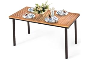 KOMFOTTEU Stół ogrodowy z otworem na parasol, stół do jadalni z drewna akacjowego, drewniany stół z metalowymi nogami, stół tarasowy dla 6-8 osób, 140 x 75 x 76 cm