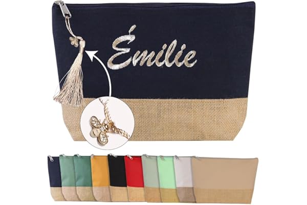 Trousse personnalisée avec Un prénom, Coton et Jute, avec Fantaisie, 10 Coloris, 18x27x5cm, Trousse de Toilette, Trousse de Maquillage