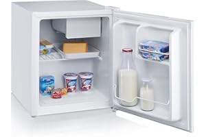 SEVERIN KS 9827 Mini frigo 43 L, Frigorifero compatto portatile estremamente silenzioso Classe F, Frigorifero piccolo largo 44 cm con congelatore da 6 L e portabottiglie, Bianco
