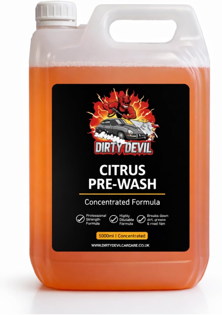 DIRTY DEVIL Concentrated Citrus Pre Wash – Powerful Pre Wash - Cuts Through Dirt, Bugs & Road Grime –Safe on All Surfaces - Powerful Degreaser for Paint, Plastic & Wheels (5L)