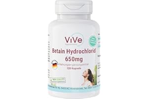 ‎VIVE SUPPLEMENTS Betain Hydrochlorid 650 mg - 120 Kapseln für 1 Monat - 76% Betain- hochdosiert und vegan | Qualität aus Deutschland von ViVe Supplements