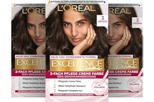 ‎L'OREAL PARIS L'Oréal Paris Permanente Haarfarbe, 100% Grauhaarabdeckung, Haarfärbeset mit Coloration, Shampoo und 3-Fach Pflege Creme Farbe, Excellence Creme, 3 Dunkelbraun, 3 x 268 g