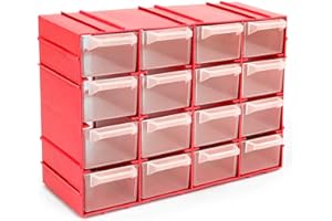 ACAN Tradineur - Clasificador apilable modular HG, plástico, 16 compartimentos, almacenamiento de herramientas, tornillos y accesorios, fabricado en España (Rojo - 15 x 22 x 8 cm)