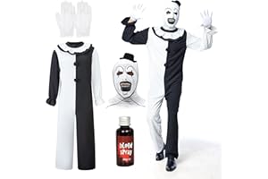IEEILULU Horror Clown Kostüm Herren, Halloween Terrifier Kostüm Herren Art the Clown Jumpsuit Set mit Schwarz Weißer Overall und Terrifier Clown Hut Maske für Halloween Karneval