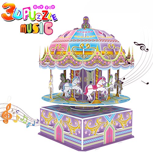 3D Whirligig Jigsaw Puzzles for Children, Carousel Horse Puzzle with Music DIY Building Model Early Learning Educational Toys Brain Teasers Kids Girls Toys Birthday Gift-29 Pcs