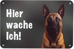 WILDE HILDE ORIGINAL Malinois - Belgischer Schäferhund - Polizeihund - Hier wache ich! Schild Gartenzaun, Warnung vor dem Hund Zaunschild Aluminiumverbundmaterial 24 cm x 16 cm - Made in Germany