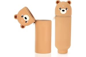 Tapvai Trousse Ecole 2 en 1 Silicone Souple, Rétractable, Mignon, Jaune-brun, Caricature, CADDY, Organisateur, Stocke jusqu'à 1 kg