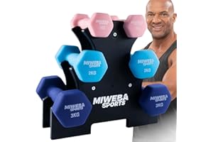 Miweba Sports Dumbbell Set Neoprene & Vinyl NKH120 - Dumbbell Set 2 x 1 kg | 2 x 2 kg | 2 x 3 kg | Professional Dumbbell Weights - Hexagon Dumbbells Including Dumbbell Stand - Dumbbell Set - Dumbbell