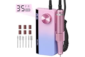 KITYHOME Fresa Per Unghie Professionale 35000 Giri，Punta Fresa Unghie Rimozione Gel Portatile Funzione di Memoria Ricaricabile Mute Pausa a Basso Calore Pedicure Elettrico, Rotazione Bidirezionale 6 Punte